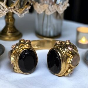 18k Gold Plated Byzantine Genuine Onyx & Rose Quartz Cable Ring